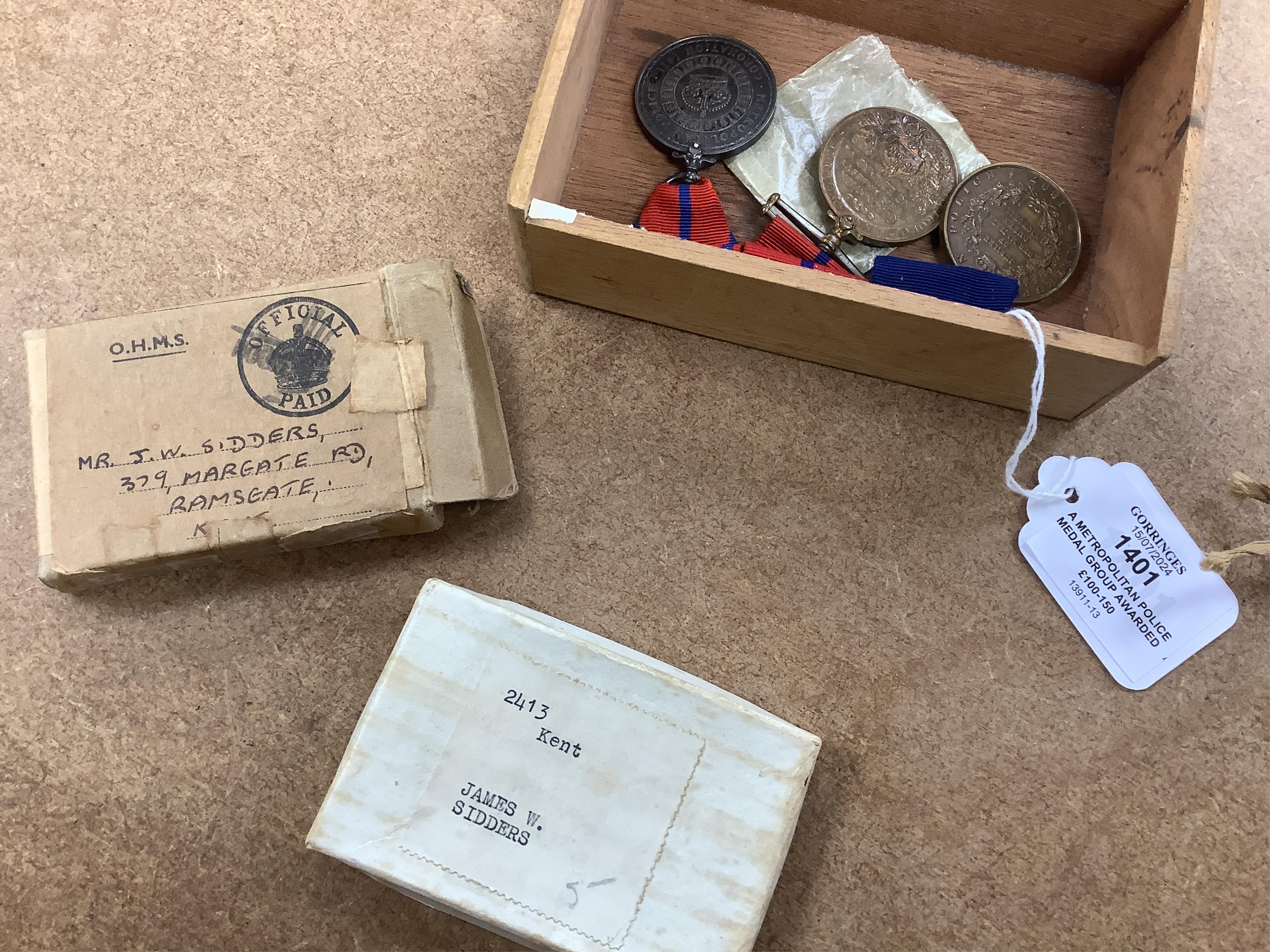 A Metropolitan police medal group awarded to James W. Sidders comprising of three commemorative medals; the 1887 Golden Jubilee medal, the 1902 Edward VII Coronation medal and the 1911 George V Coronation medal, together
